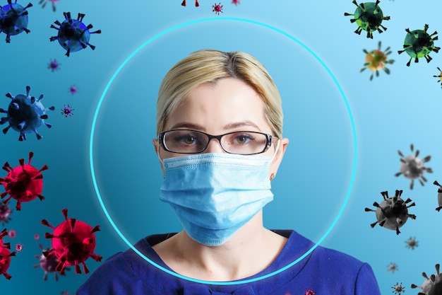 Бесплатное фото Концепция защиты от вируса короны covid 19, руки доктора защищают символ с иконками covid на синем фоне, пространство для копирования и шаблон веб-баннера.