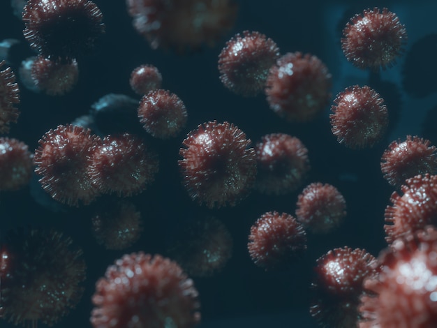 Foto gratuita cellula coronavirus 2019-ncov circondata da altre cellule. patogeno epidemico respiratorio. rendering 3d