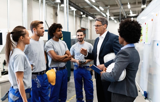 Корпоративный менеджер разговаривает с группой рабочих во время собрания персонала на заводе