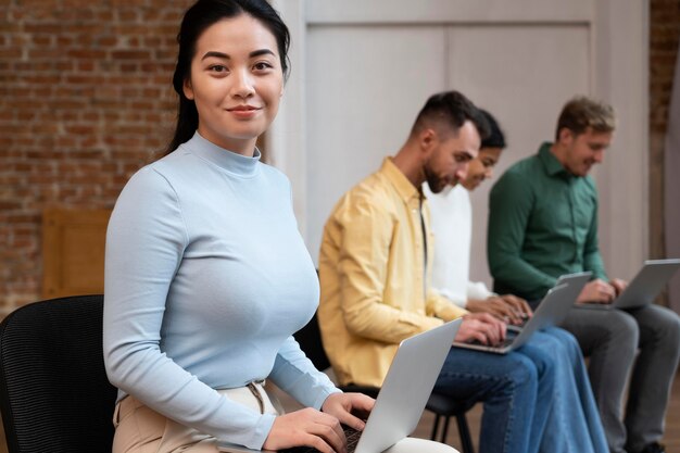 Corporate workers brainstorming together