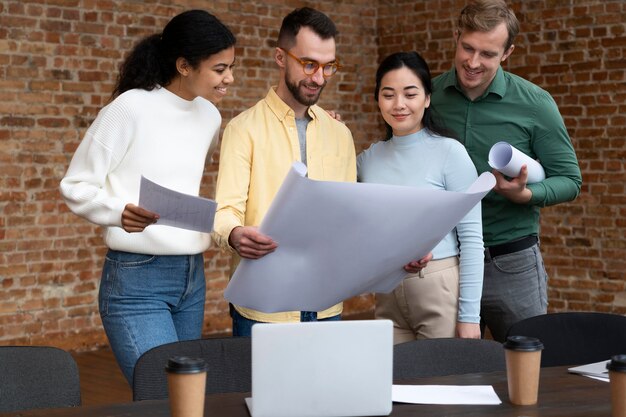 Corporate workers brainstorming together