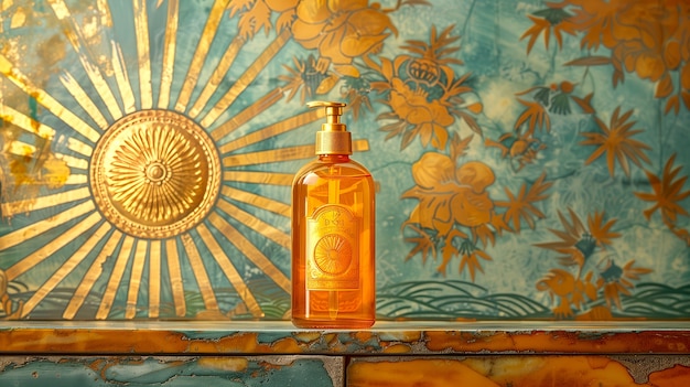 Free photo cosmetic bottle with luxurious art nouveau inspired sun relief background