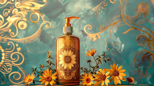 Cosmetic bottle with luxurious art nouveau inspired sun relief background