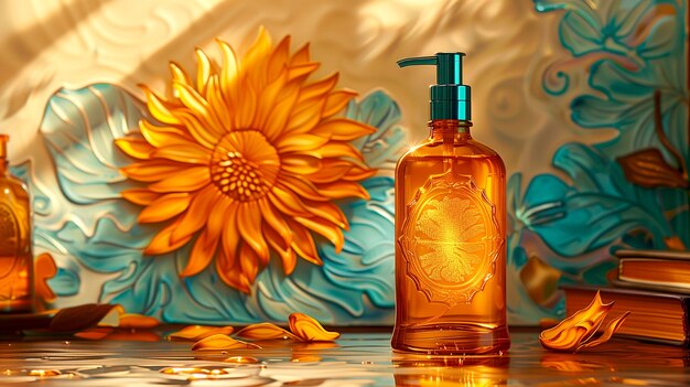 Cosmetic bottle with luxurious art nouveau inspired sun relief background