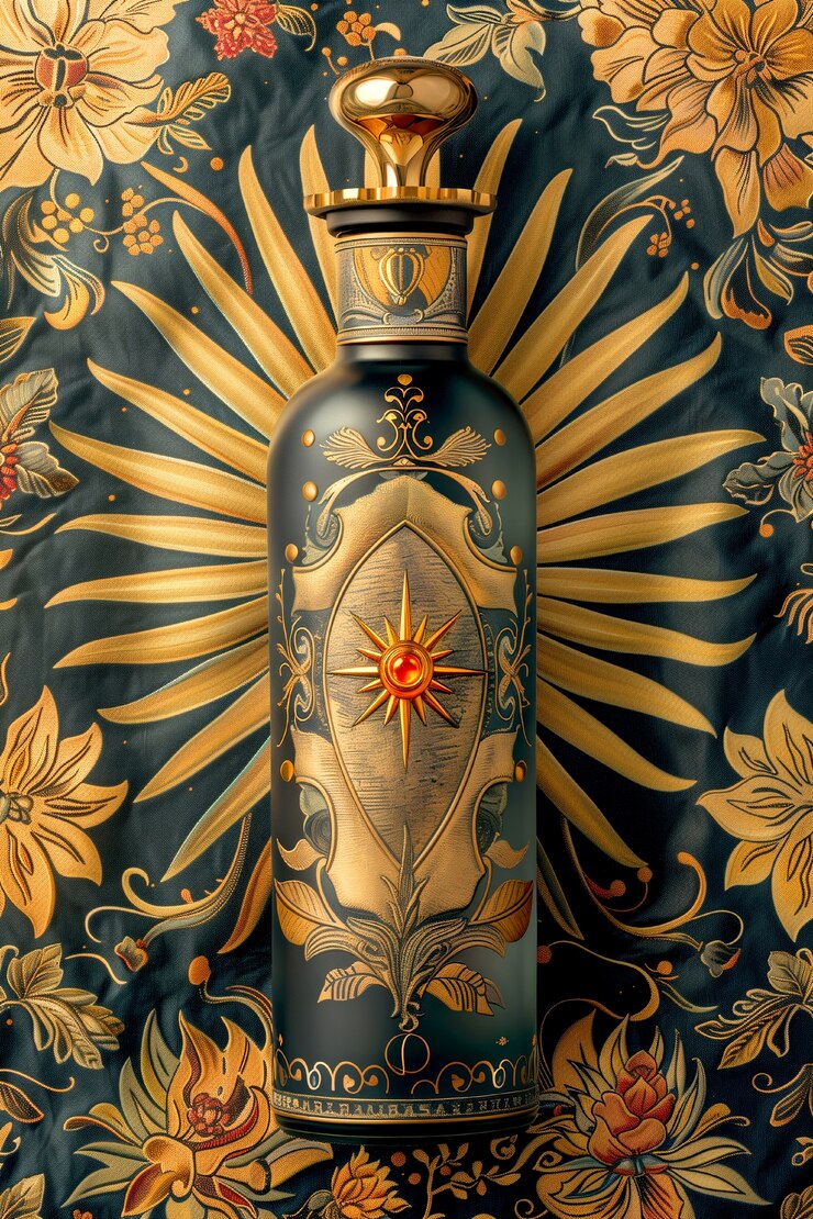 Free Photo cosmetic bottle with luxurious art nouveau inspired sun relief background