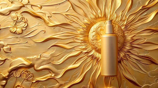Косметическая бутылка с роскошным арт-нуво вдохновленным солнечным рельефным фоном