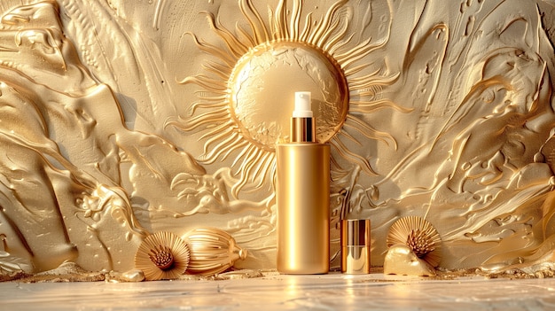 Cosmetic bottle with luxurious art nouveau inspired sun relief background