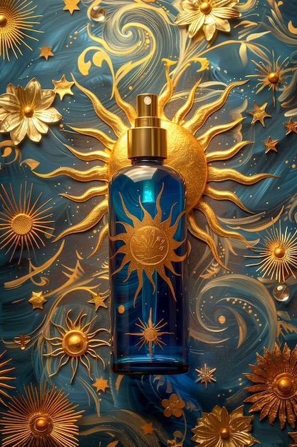 Free photo cosmetic bottle with luxurious art nouveau inspired sun relief background