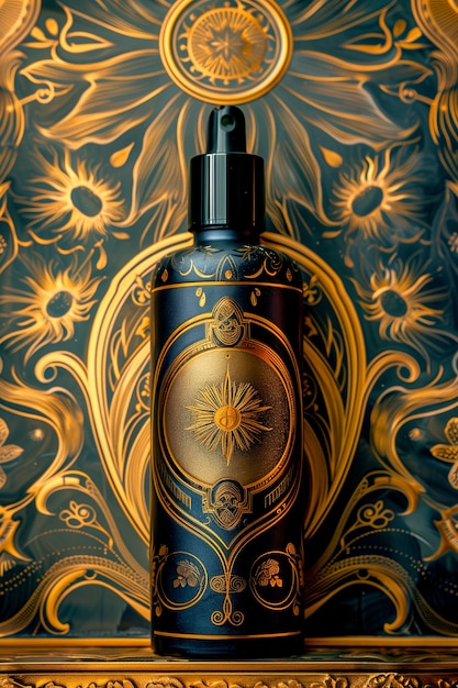 Cosmetic bottle with luxurious art nouveau inspired sun relief background