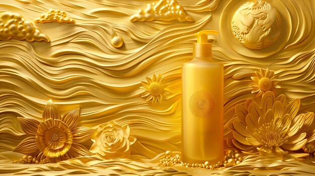 Cosmetic product container with art nouveau inspired sun relief background