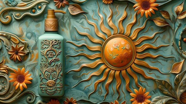 Cosmetic product container with art nouveau inspired sun relief background