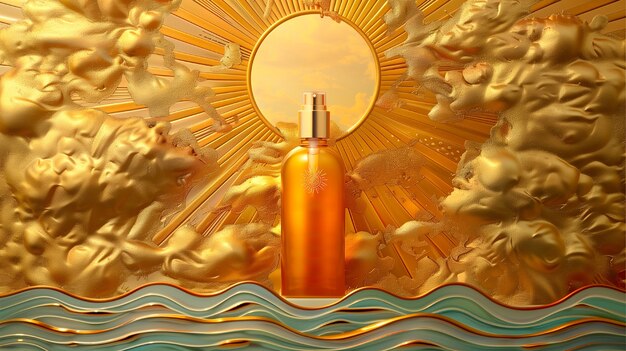 Cosmetic product container with art nouveau inspired sun relief background