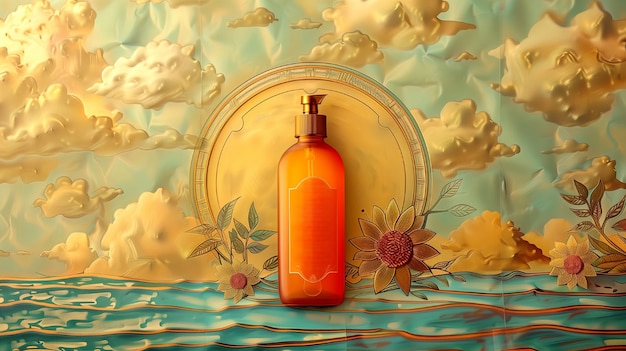 Cosmetic product container with art nouveau inspired sun relief background