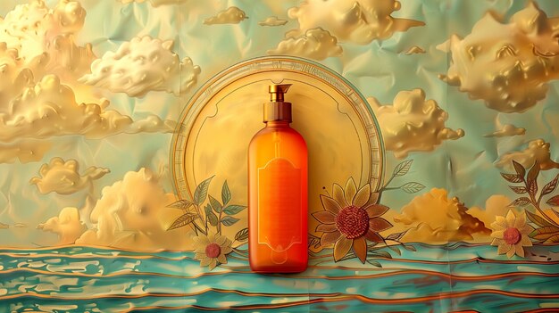 Cosmetic product container with art nouveau inspired sun relief background