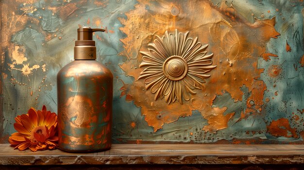 Cosmetic product container with art nouveau inspired sun relief background