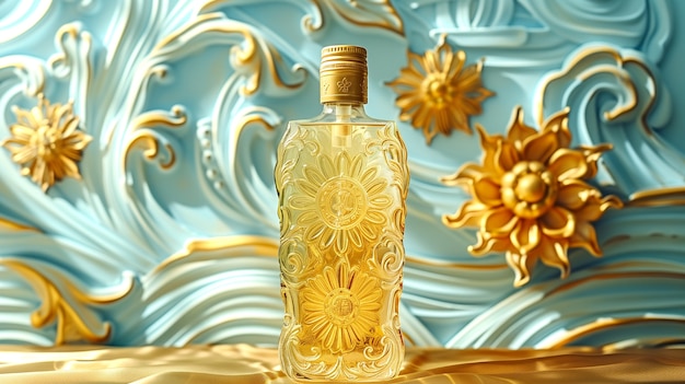 Cosmetic product container with art nouveau inspired sun relief background