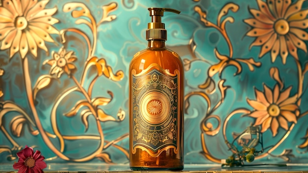 Foto gratuita contenitore di prodotti cosmetici con sfondo in rilievo solare ispirato all'art nouveau