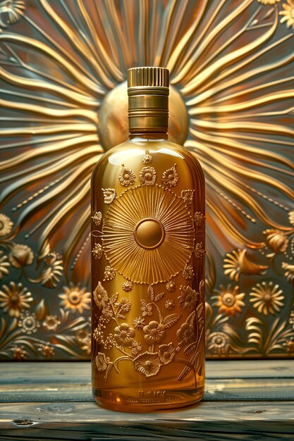 Cosmetic product container with art nouveau inspired sun relief background