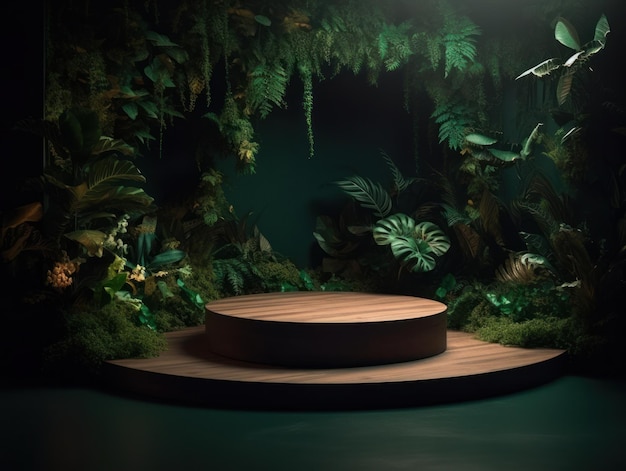 Foto gratuita stand pubblicitario per prodotti cosmetici mostra podio in legno su sfondo verde con foglie e sha