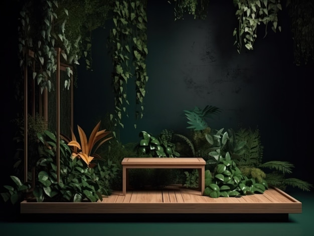 緑の背景に葉と社の化粧品製品広告スタンド展木製表彰台