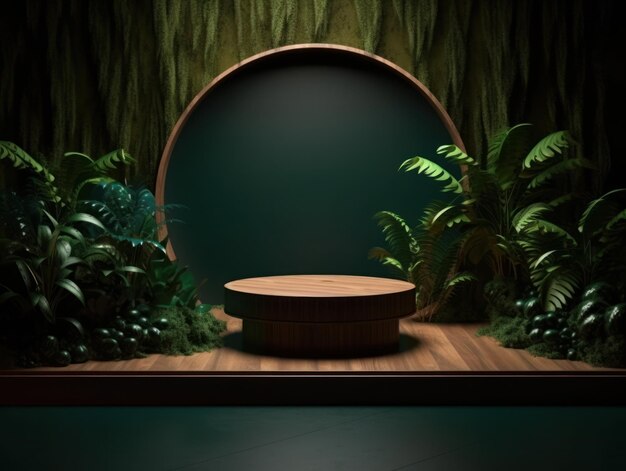 Foto gratuita stand pubblicitario per prodotti cosmetici mostra podio in legno su sfondo verde con foglie e sha