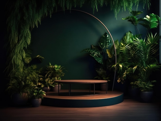 Рекламный стенд косметической продукции выставочный деревянный подиум на зеленом фоне с листьями и ша