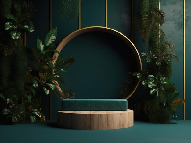 Рекламный стенд косметической продукции выставочный деревянный подиум на зеленом фоне с листьями и ша