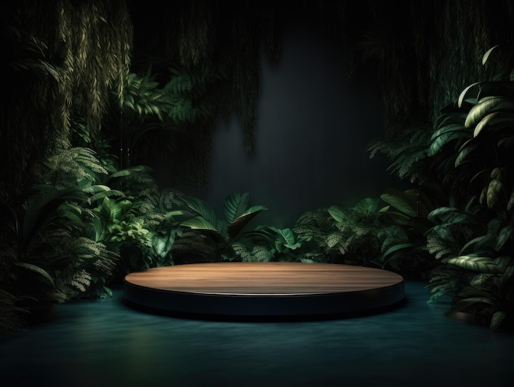 Free Photo cosmetics product advertising stand exhibition wooden podium on green background with leaves and sha