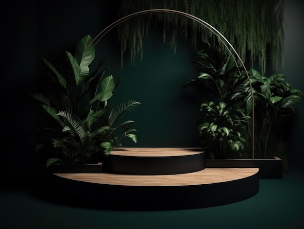 Stand pubblicitario per prodotti cosmetici mostra podio in legno su sfondo verde con foglie e sha