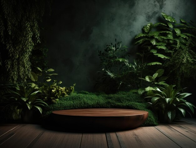 나뭇잎과 샤 녹색 배경에 화장품 제품 광고 스탠드 전시회 나무 연단
