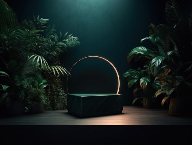 化粧品製品の広告スタンド 緑の背景に葉と影のある木製の表彰台 製品パッケージを表示するための空の台座 モックアップ ジェネレーティブ AI