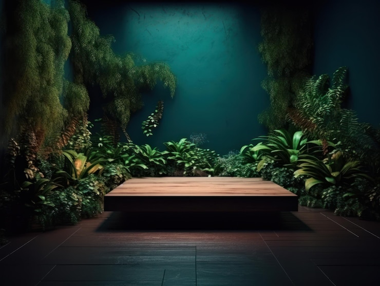 Free Photo cosmetics product advertising stand exhibition wooden podium on green background with leaves and shadows empty pedestal to display product packaging mockup generative ai