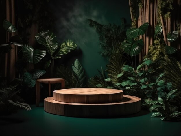 無料写真 緑の背景に葉と社の化粧品製品広告スタンド展木製表彰台