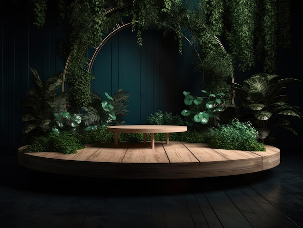 Бесплатное фото Рекламный стенд косметической продукции выставочный деревянный подиум на зеленом фоне с листьями и ша