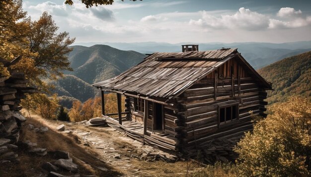 Foto gratuita cottage immerso nella catena montuosa circondato dalla foresta generata dall'ia