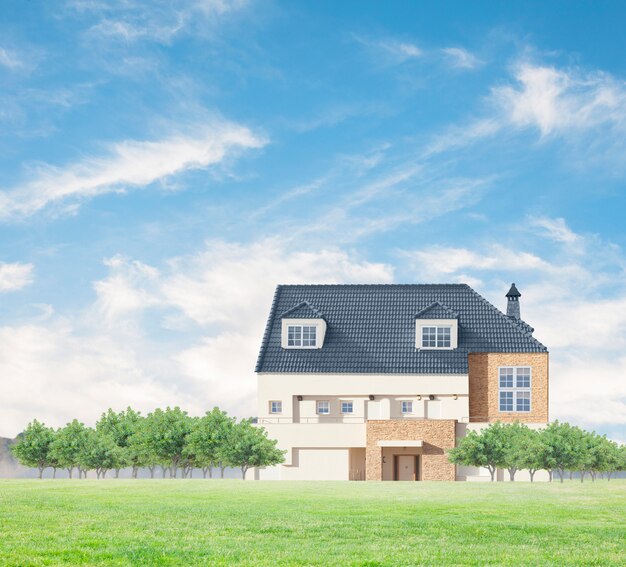 Cottage with green trees