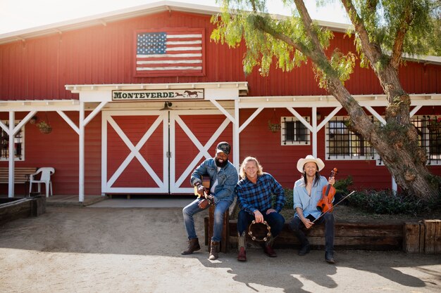 Country music band singing outdoors