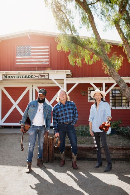 Country music band singing outdoors