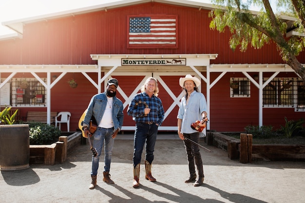 Country music band singing outdoors