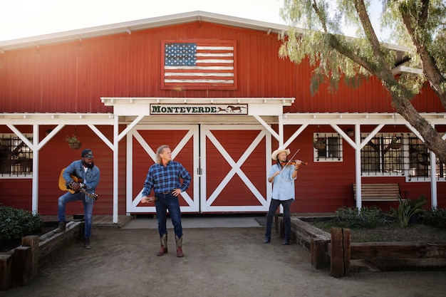 Country music band singing outdoors