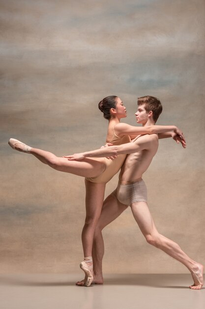 회색에 포즈 발레 댄서의 커플입니다.