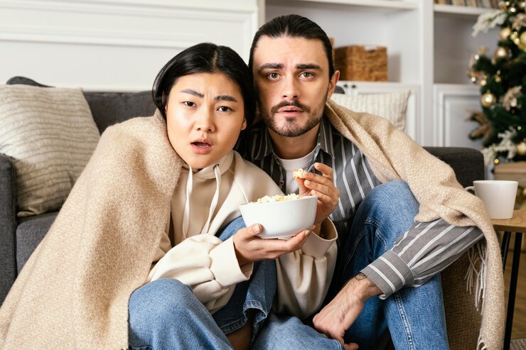 無料Photo 怖い映画を見ている毛布のカップル