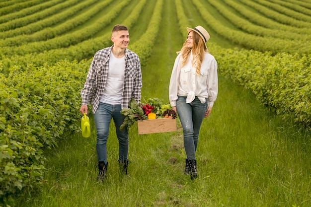 Free photo couple carrying basket with vegetables