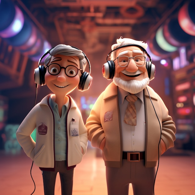 Couple cartoon characters listening to music