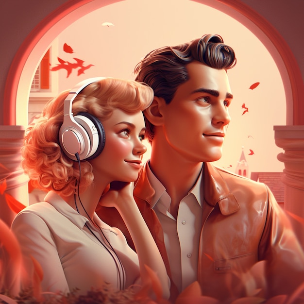 Couple cartoon characters listening to music