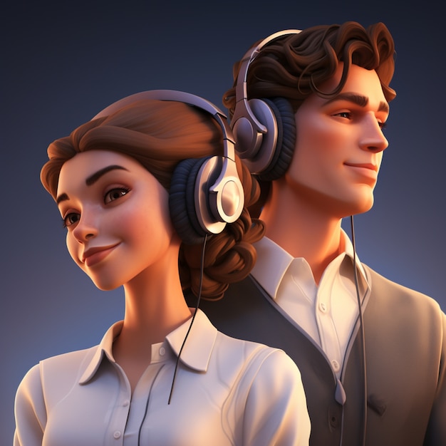 Couple cartoon characters listening to music