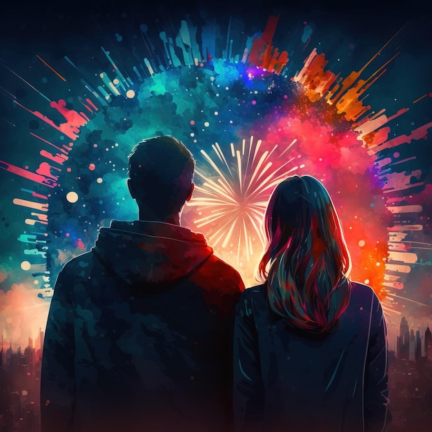 Foto gratuita coppia che festeggia con fuochi d'artificio anime arte digitale illustrazione vernice sfondo wallpapergenerative a