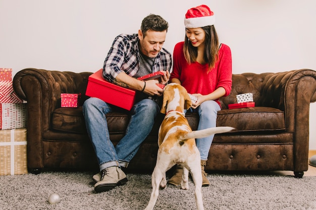 Free photo couple on couch with dog at christmas