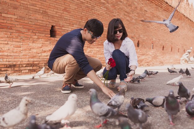 Couple crouching looking at pigeons