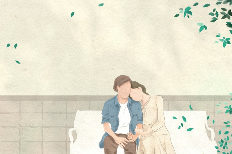 무료 Photo 정원에서 데이트하는 커플 발렌타인 테마 손으로 그린 그림